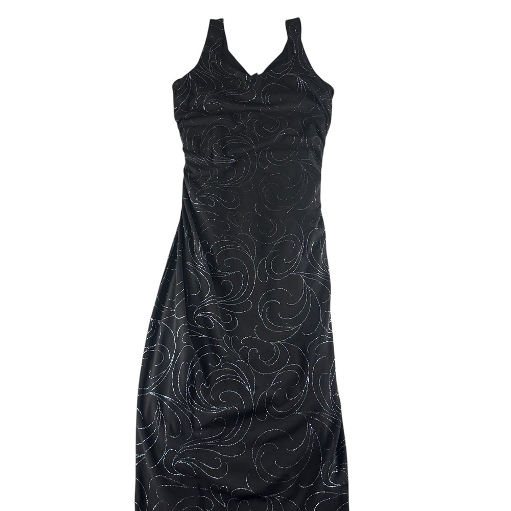 AGB Byer California Black Silver‎ Glitter Swirl Ruched Maxi Dress Size 12 V-Neck